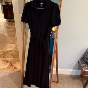DKNY Collared Black Midi Dress with tie belt